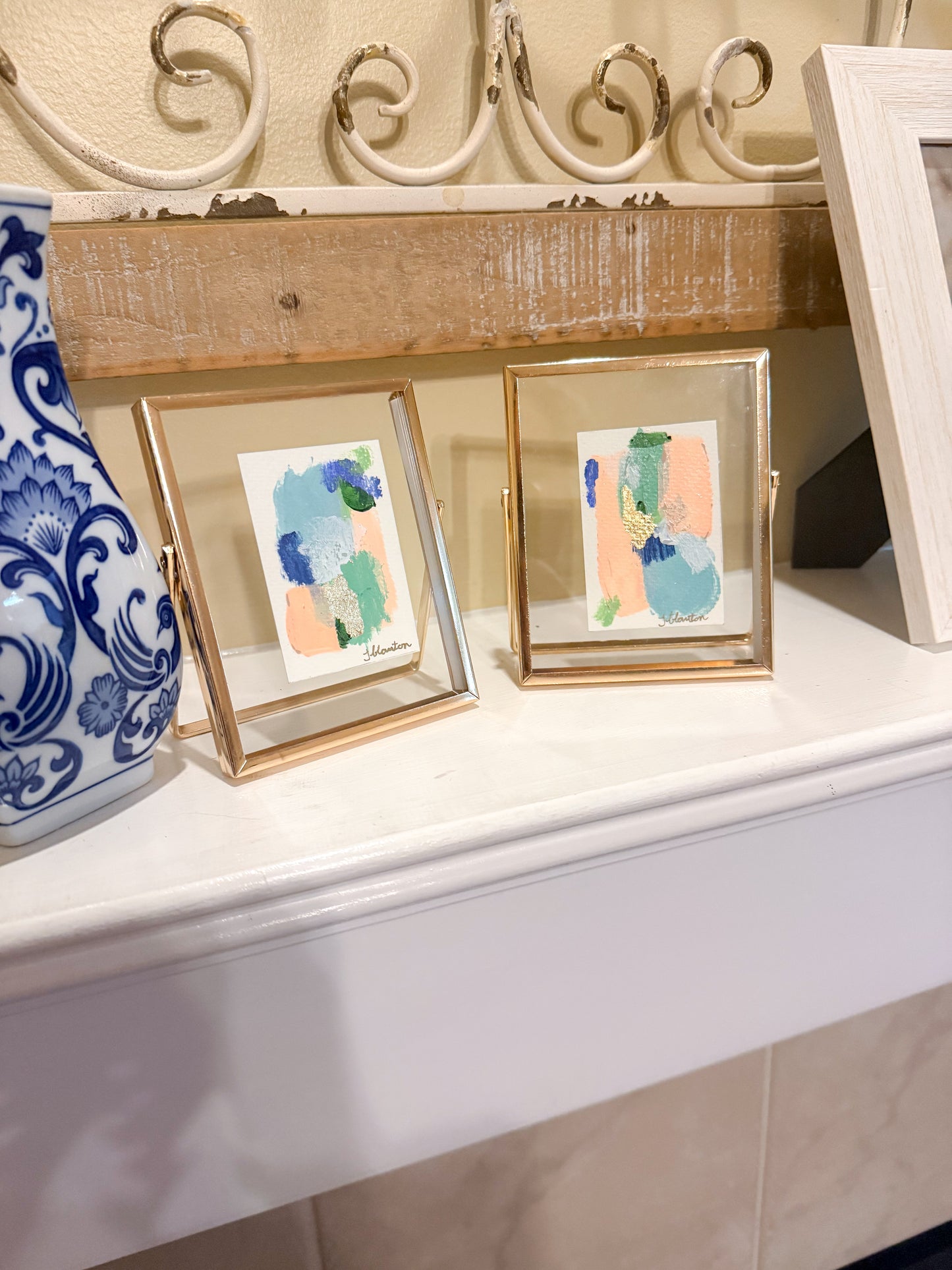Small Abstract Art in Gold Floating Frame - 3x5