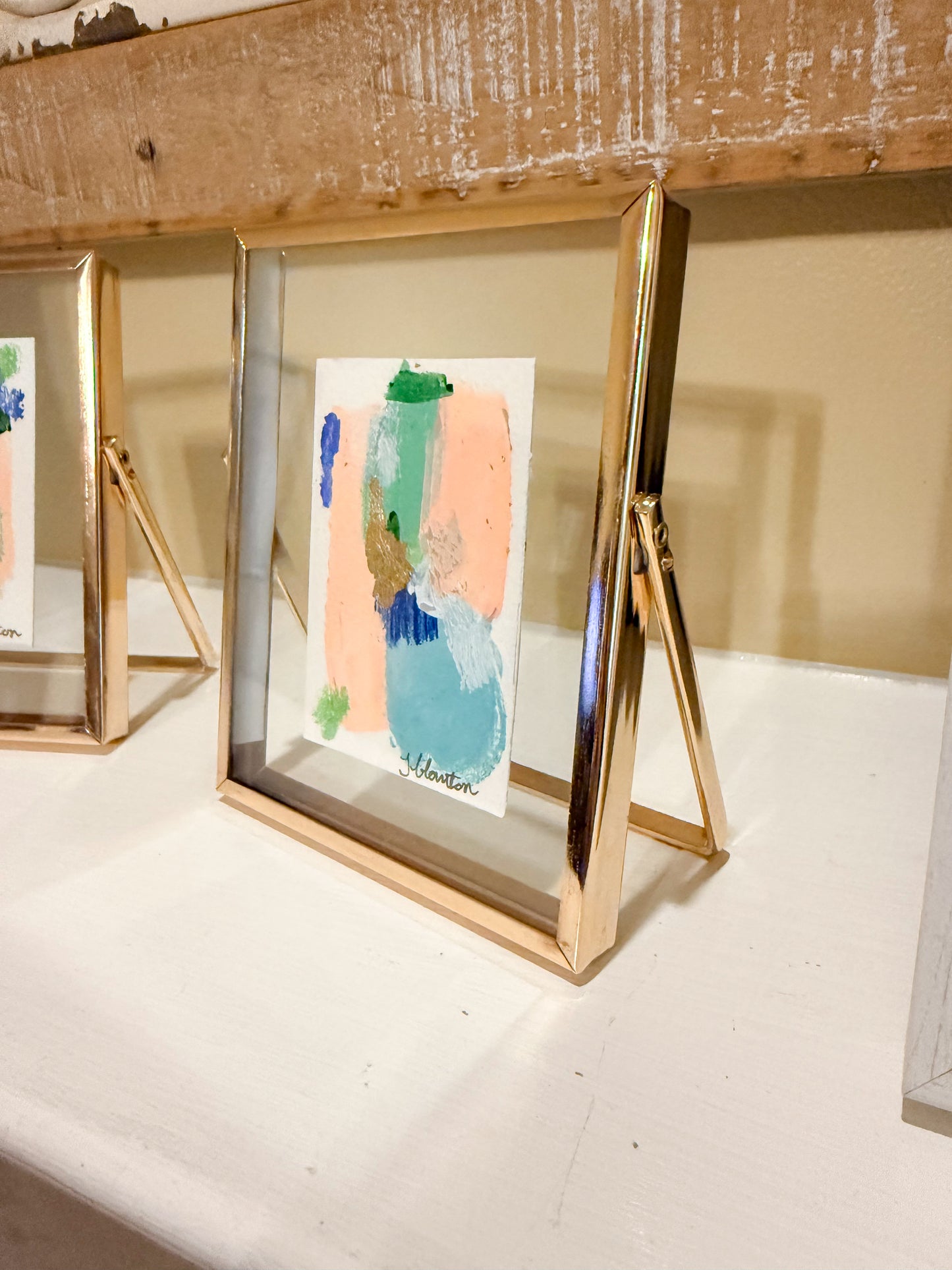 Small Abstract Art in Gold Floating Frame - 3x5
